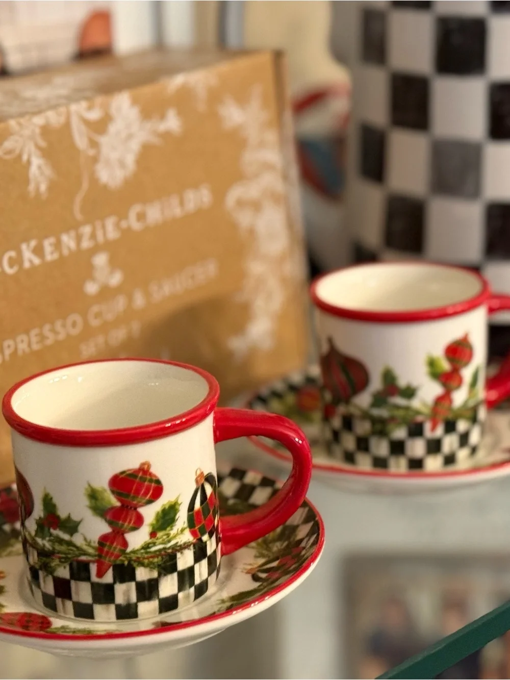 MacKenzie-Childs Red, Black & White Holiday Check Espresso Cup with Saucer